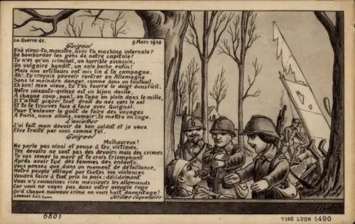 Künstler Ak La Guerre, 9. März 1918, Puppentheater, Guignol, Soldaten