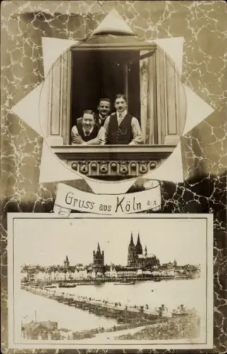 Foto Ak Köln am Rhein, Rheinpanorama, Drei Männer am Fenster