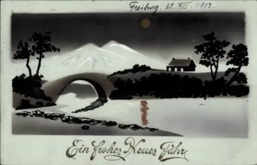 Handgemalt Ak Neujahr, Landschaft mit Brücke, Bergkette