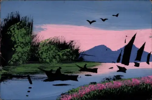 Handgemalt Ak Flusspartie, Segelboote, Bergkette