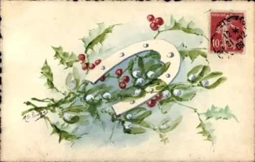 Handgemalt Künstler Ak Stechpalme, Hufeisen