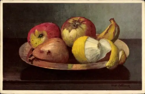 Künstler Ak Stillleben, Früchte, Obst, Äpfel, Banane, Birne, Zitrone