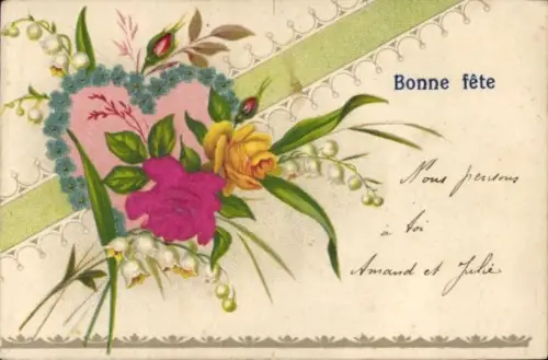Präge Litho Bonne fete, Blumen, Rosen, Herz