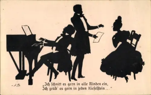 Scherenschnitt Künstler Ak Musizierende Menschen, Ich schnitt es gern in alle Rinden ein...