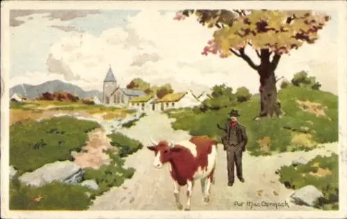 Künstler Ak Pat MacCormack, Irland, Bauer mit Kuh, Dorfmotiv