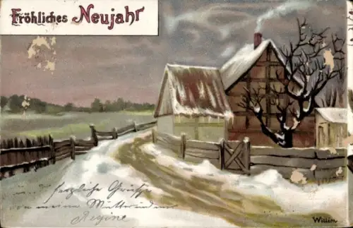 Künstler Ak Willim, Glückwunsch Neujahr, Dorfidyll
