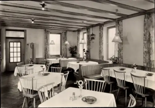 Ak Meckenbeuren in Oberschwaben Württemberg, Speisesaal mit Tischen, Stühlen, Blumen, Lampen, sch