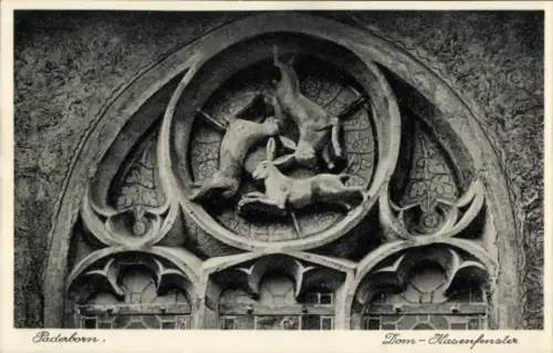 Ak Paderborn in Westfalen, Hasenfenster, Relief mit Hasen, gotischer Stil