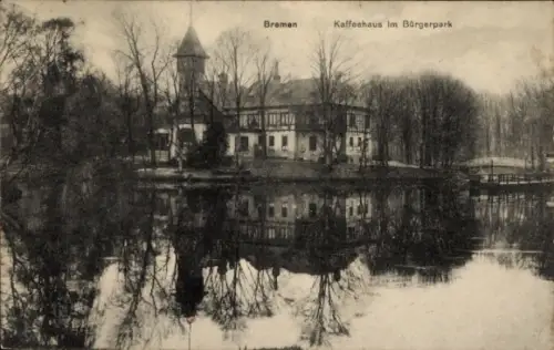 Ak Schnoor Bremen,  Kaffeehaus im Bürgerpark, Wasserreflexion, Bäume