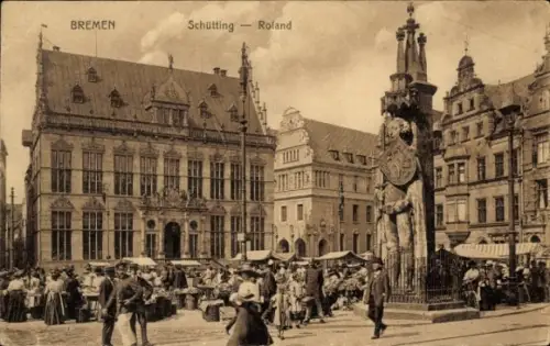 Ak Schnoor Bremen,  Schütting, Roland, Markt mit Statuen und Menschen