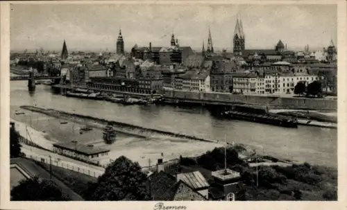 Ak Hansestadt Bremen, Stadtansicht von  Fluss, Schiffe,  Gebäude