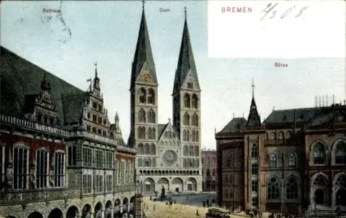 Ak Schnoor Bremen, Rathaus, Dom, Börse,   