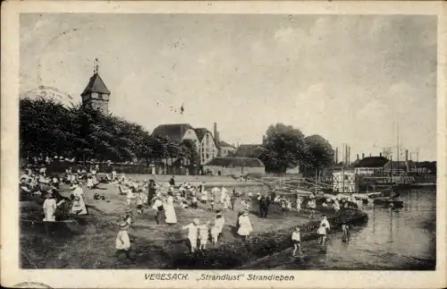 Ak Vegesack Hansestadt Bremen, Strand mit vielen Menschen, Schiffe im Wasser, Gebäude im Hintergr