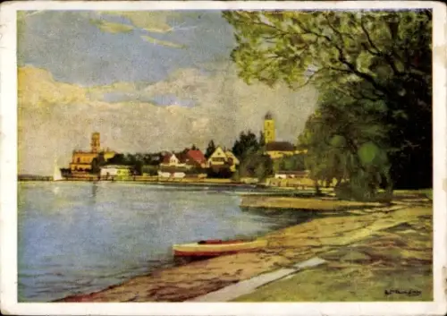 Ak Langenargen am Bodensee, Landschaft am Bodensee, Boote, Gebäude, Bäume, Wasser