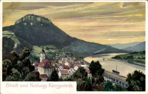 Ak Königstein an der Elbe Sächsische Schweiz, Bergfestung, Stadtansicht, Fluss, Schiffe