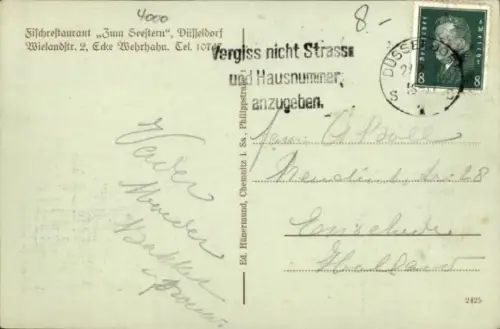 Ak Düsseldorf am Rhein, Fischrestaurant Zum Seestern, Wielandtstraße 2