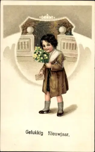 Präge Litho Glückwunsch Neujahr, Junge mit Brief und Blumen