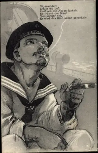 Ak Seemann mit Zigarre, Deutsches Kriegsschiff, SMS Deutschland, Rotes Kreuz