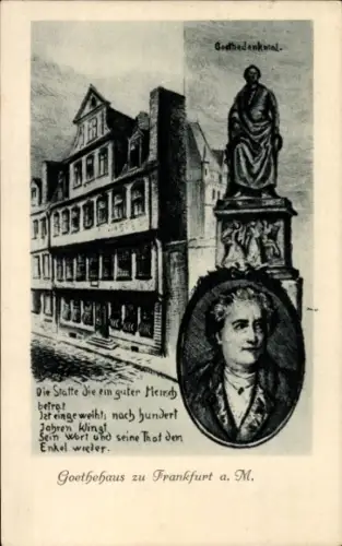 Künstler Ak Liebig, Frankfurt am Main, Goethehaus, Goethedenkmal, Goethe, Portrait