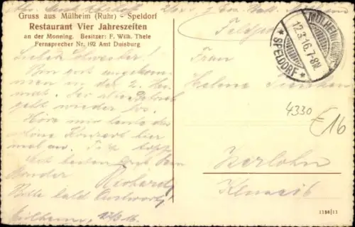 Ak Speldorf Mülheim an der Ruhr, Restaurant Vier Jahreszeiten