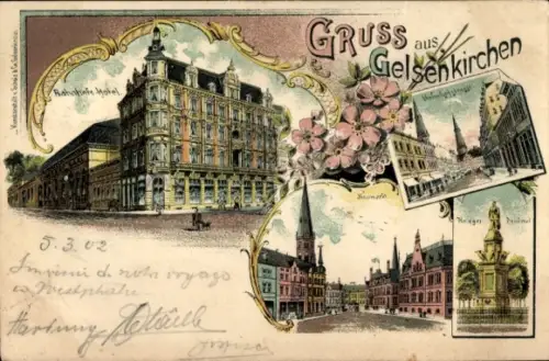 Litho Gelsenkirchen im Ruhrgebiet, Bahnhofs-Hotel, Kriegerdenkmal, Bahnhofstraße