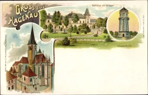 Litho Haguenau Hagenau im Elsass Bas Rhin, Bahnhof, Anlagen, St. Georgskirche, Wasserturm