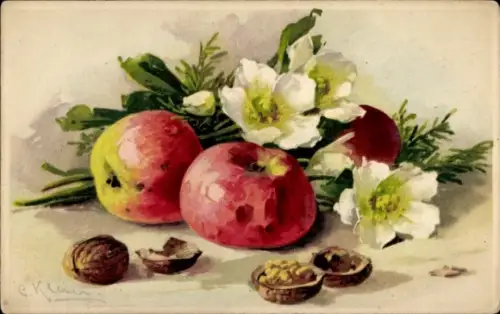 Künstler Ak Klein, Catharina, Stillleben, Äpfel, Blumen, Nüsse