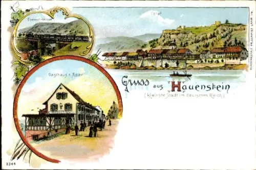 Litho Hauenstein Laufenburg am Rhein Baden, Gasthaus zum Adler, Eisenbahnbrücke, Totalansicht