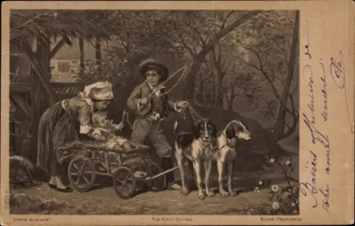 Ak Erstes Ausfahrt des Kindes, Familienbild, Wagen, Hunde