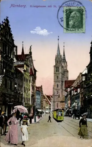 Ak Nürnberg,  Königstraße, St. Lorenzkirche, Straßenbahn, Menschen