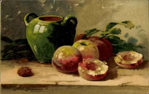 Künstler Ak Klein, Catharina, Früchtestillleben, Vase, Pfirsiche