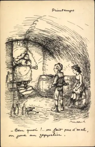 Künstler Ak Poulbot, Francisque, Printemps, on fait pas d'mal, on joue au Zeppelin