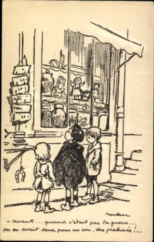 Künstler Ak Poulbot, Francisque, Drei Kinder vor einem Schaufenster