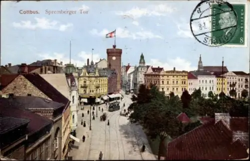 Ak Cottbus in der Niederlausitz,  Spremberger Tor, Straßenbahn, Menschen, Gebäude