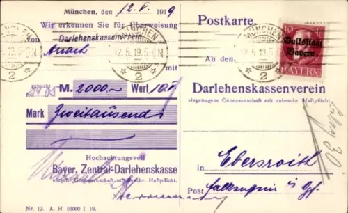 Ak München Bayern, Darlehenskassenverein,  12.5.1919, Wert 2000 Mark