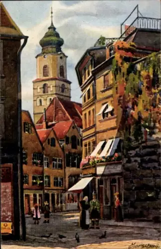 Ak Lindau am Bodensee Schwaben, Stadtansicht, Kirchturm,  Gebäude, Menschen, Vögel