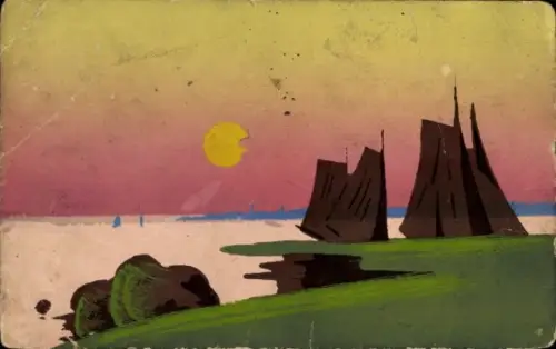 Handgemalt Ak Segelboote, Abenddämmerung