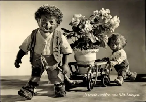 Ak Mecki der Igel, Alles Gute, alles Schöne, Igelkind, Blumen auf einem Wagen