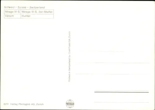 Ak Schweizer Militärflugzeuge, Kampfflugzeuge, Mirage III-S, 2er-Staffel, Venom, Hunter