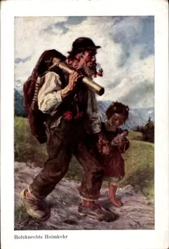 Künstler Ak Riss, Holzknechts Heimkehr, Großvater, Enkelin mit Puppe