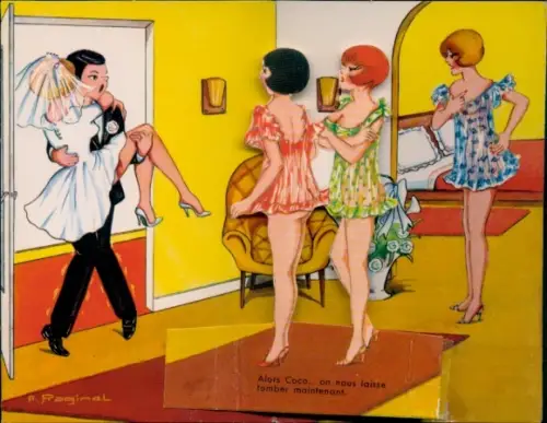 Mechanische Künstler Ak Mann trägt seine Braut über die Schwelle, wartende leicht bekleidete Frauen