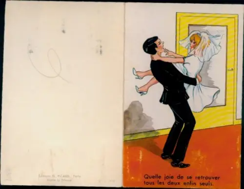 Mechanische Künstler Ak Mann trägt seine Braut über die Schwelle, wartende leicht bekleidete Frauen