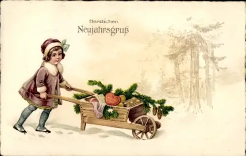 Litho Glückwunsch Neujahr, Mädchen, Geschenke in einer Schubkarre