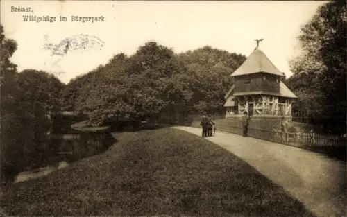 Ak Schnoor Bremen,  Wildgehäge im Bürgerpark, Parklandschaft, Teich, Menschen