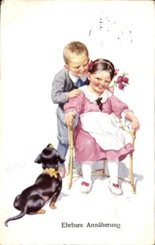 Künstler Ak Feiertag, K., Liebespaar, Junge mit Blumen, Dackel