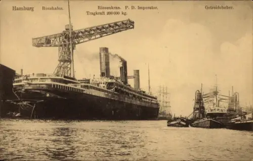 Ak HAPAG Dampfer Hamburg (IV), Passagierschiff, Riesenkran, P. D. Imperator, Tragkraft 200000 kg,