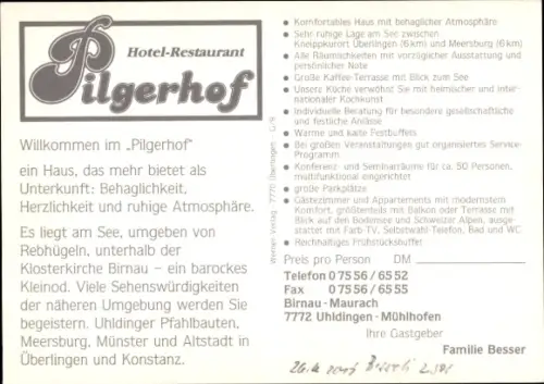 Ak Uhldingen Mühlhofen am Bodensee, Hotel Restaurant Pilgerhof