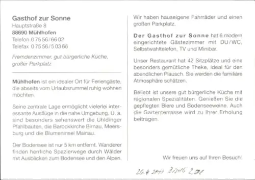 Ak Mühlhofen am Bodensee Baden, Gasthof zur Sonne, Restaurant, Zimmer, Bodensee, Mühlhofen
