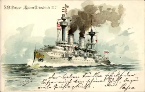 Künstler Litho Siehl, Deutsches Kriegsschiff, SMS Kaiser Friedrich III, Panzerschiff