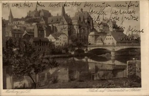 Ak Marburg an der Lahn,  Blick auf Universität, Schloss, Fluss, Brücke